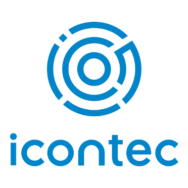 Logotipo azul de Icontec con emblema circular y marca denominativa en minúsculas.
