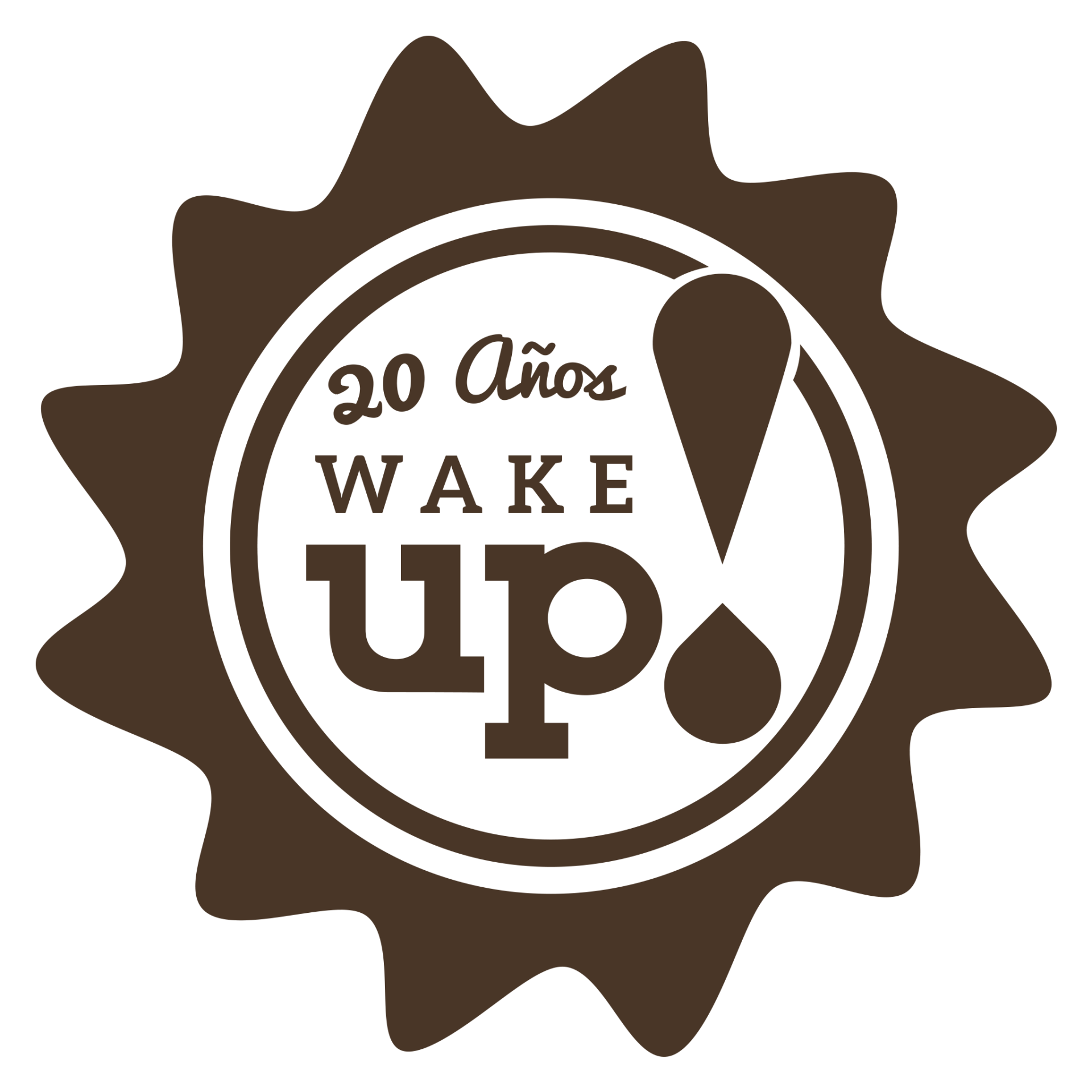 Logotipo circular marrón “20 Años Wake Up” con borde de rayos de sol e icono de gota