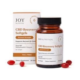 CBD Recovery Softgels bottle and box with red softgels on a white background