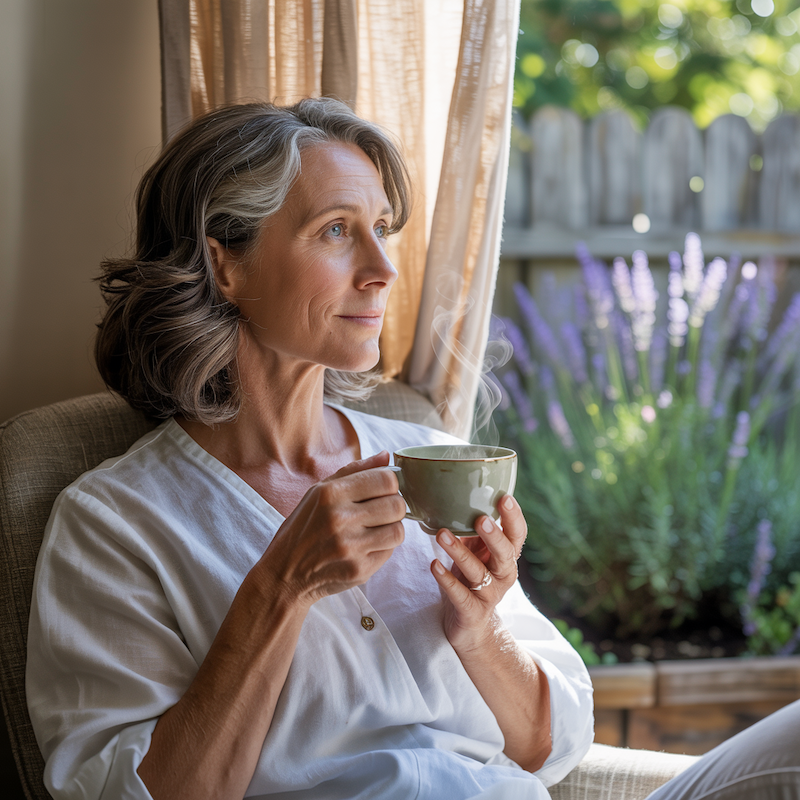 Woman seated, holding a mug, gazing out a window at a lavender garden.