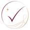 Stylized burgundy checkmark inside a thin gold circle with a small gold star and pink-gold swirls