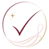 Stylized burgundy checkmark inside a thin gold circle with a small gold star and pink-gold swirls