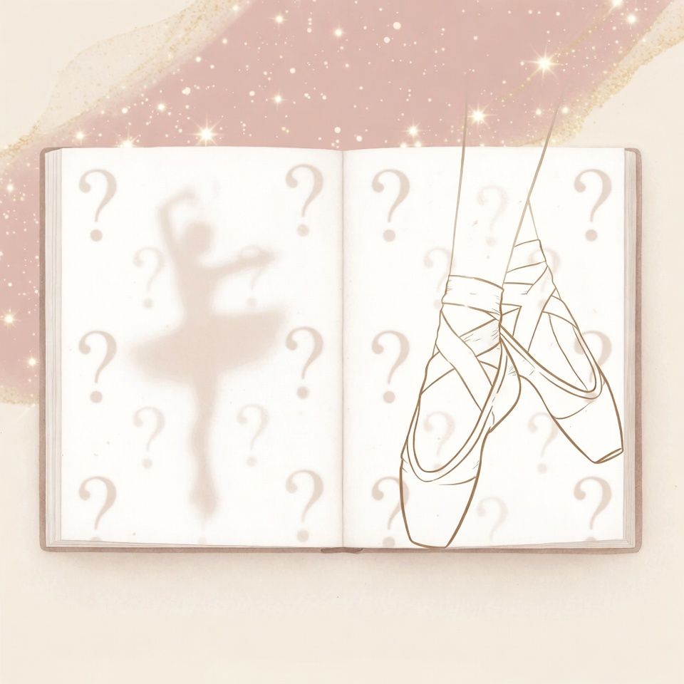 Open book with question marks and a ballet slipper sketch in soft pink tones