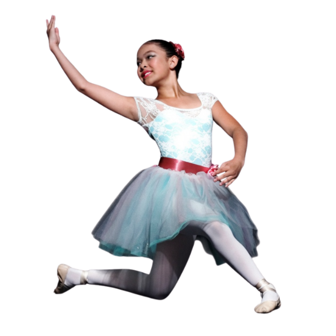 Ballet dancer in a white and gray tutu posing mid-leap with one arm raised.