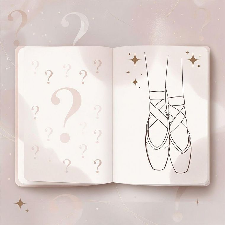Open book with question marks on the left page and ballet pointe shoes on the right, in soft beige tones