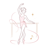 Elegant line-art dancer in a pink outfit, posing on pointe with flowing ribbon and music note accents