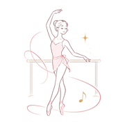 Line-art ballet dancer in pink, poised en pointe with flowing ribbon and music note accents