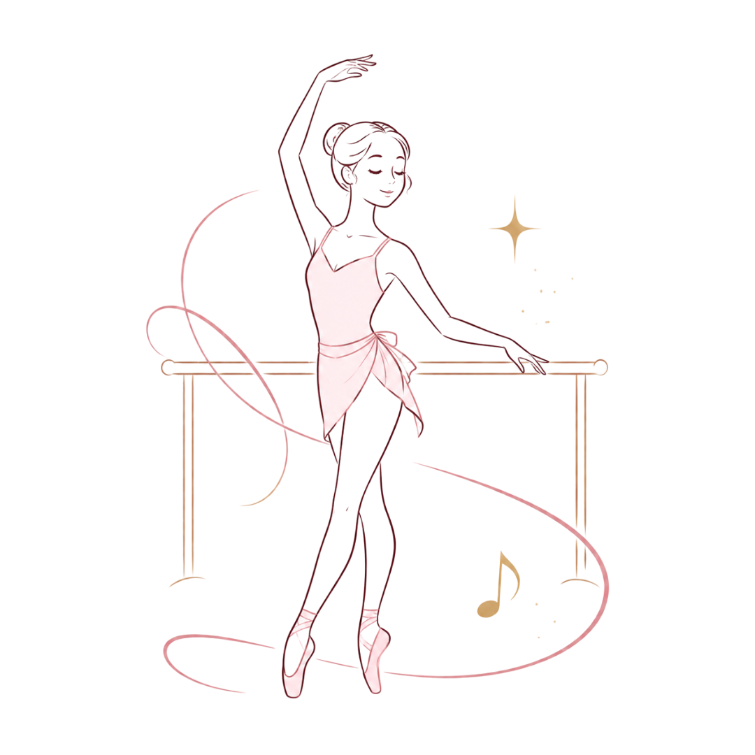 Elegant line-art dancer in a pink outfit, posing on pointe with flowing ribbon and music note accents