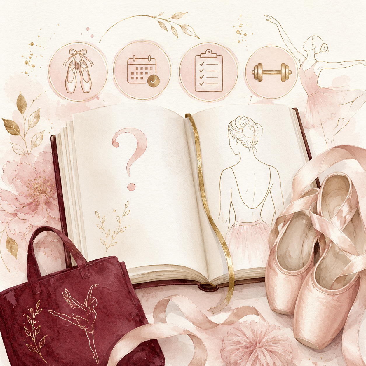 Soft pink bridal flat lay with open planner, wedding icons, dress sketch, shoes, clutch, and ring box.