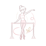 Ballet dancer at a barre, in a soft pink line drawing with floral accents.