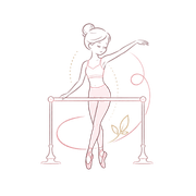 Pink line-art ballerina balancing on a barre, wearing a bun and pointe shoes