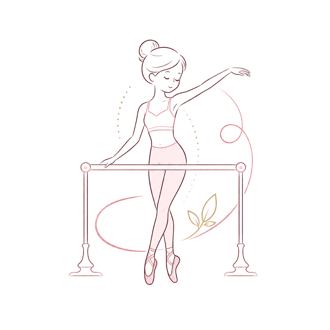 Ballet dancer at a barre, in a soft pink line drawing with floral accents.