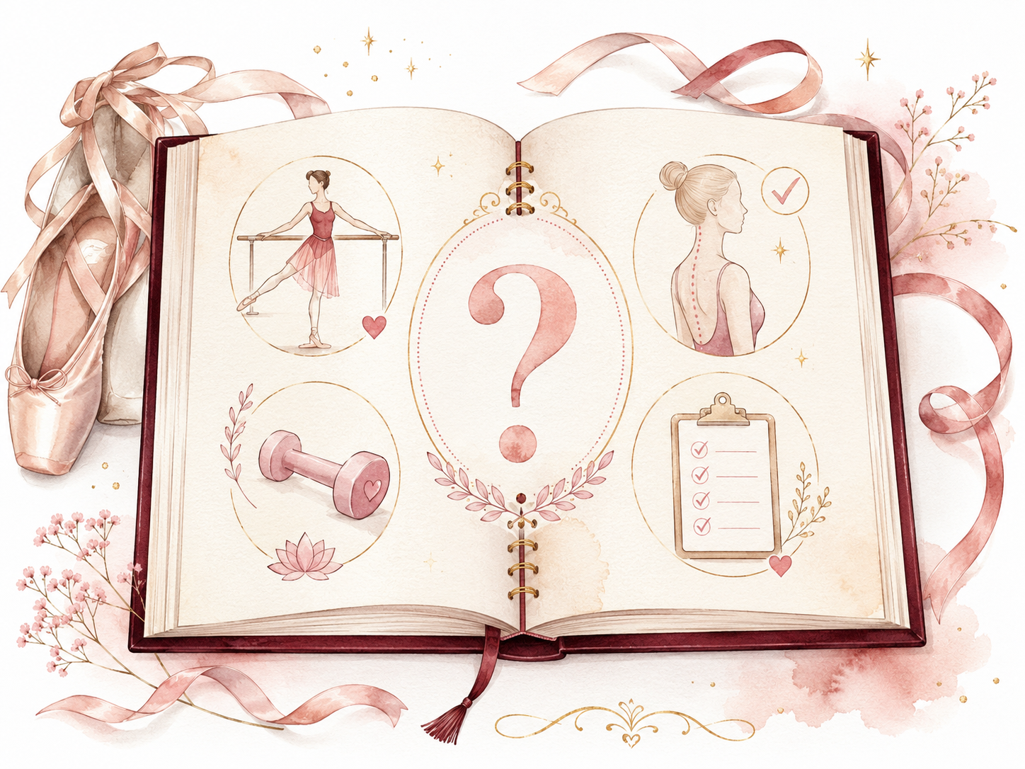 Open book with soft pink fashion sketches and a large question mark, tied with ribbons