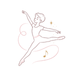 Line-art ballerina in a graceful leap, with flowing ribbon, sparkles, and a music note on a white background