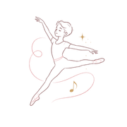 Line-art ballerina in a pink tutu leaping gracefully, with musical notes and sparkles around her