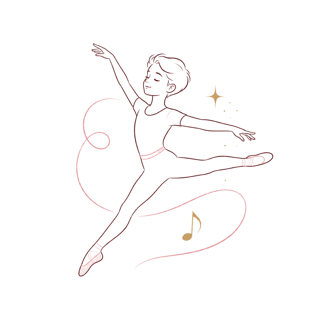Line-art ballerina in a graceful leap, with flowing ribbon, sparkles, and a music note on a white background