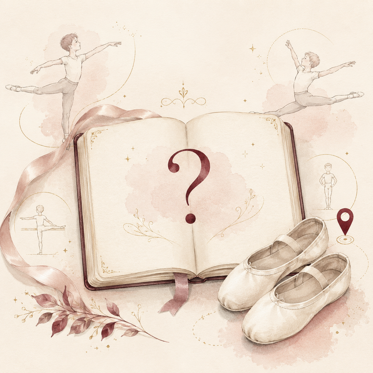 Open book with a red question mark, ballet shoes, and soft pink decorative accents