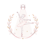 Pink line drawing of a ballerina dancing inside a soft spotlight, framed by wheat sprigs and sparkles
