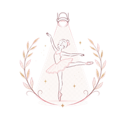Pink line-art ballerina inside a teardrop frame with laurel branches and sparkles