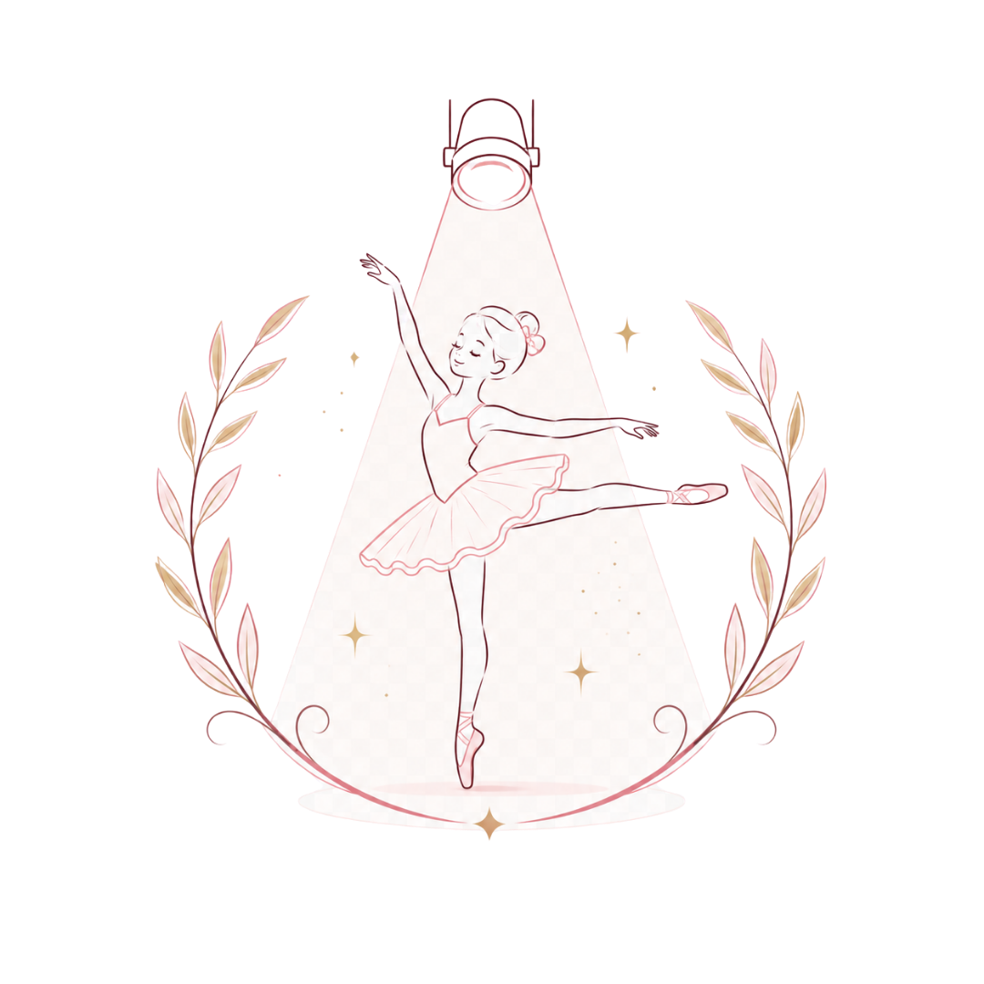 Pink line drawing of a ballerina dancing inside a soft spotlight, framed by wheat sprigs and sparkles