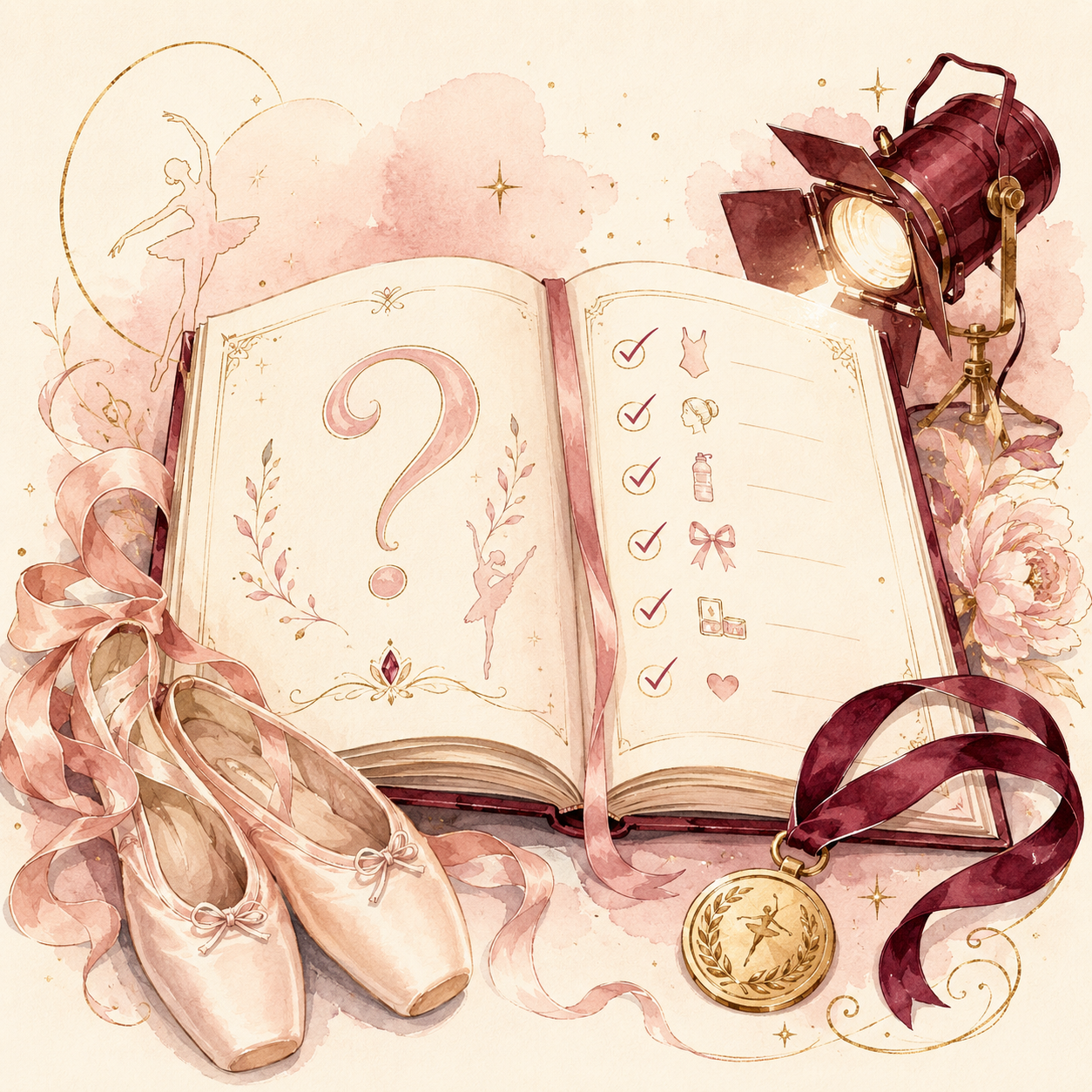 Soft pastel illustration of an open book, ballet shoes, flowers, and a spotlight in a whimsical vintage style