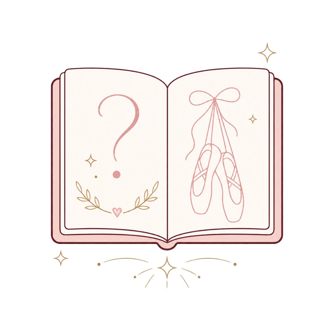 Open book with a question mark and ballet slippers, in soft pink and gold line art
