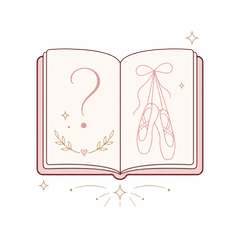 Open book with a question mark and ballet slippers, in soft pink and gold line art