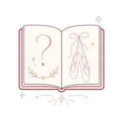 Open book with a question mark and ballet slippers, in soft pink and gold line art