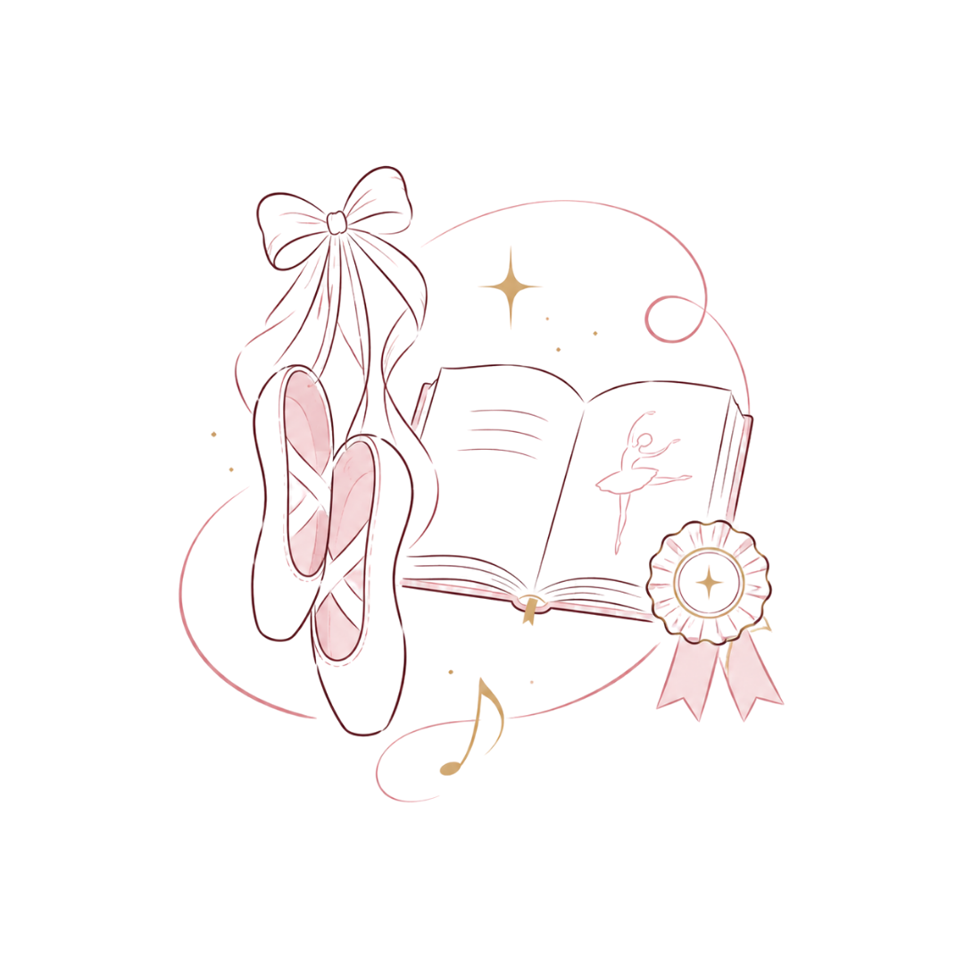 Pink ballet slippers with an open book, ribbon, music notes, and a rosette on a white background