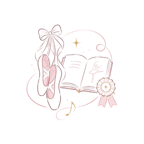 Pastel ballet flats, open book, ribbon bow, and star accents in a delicate pink line drawing