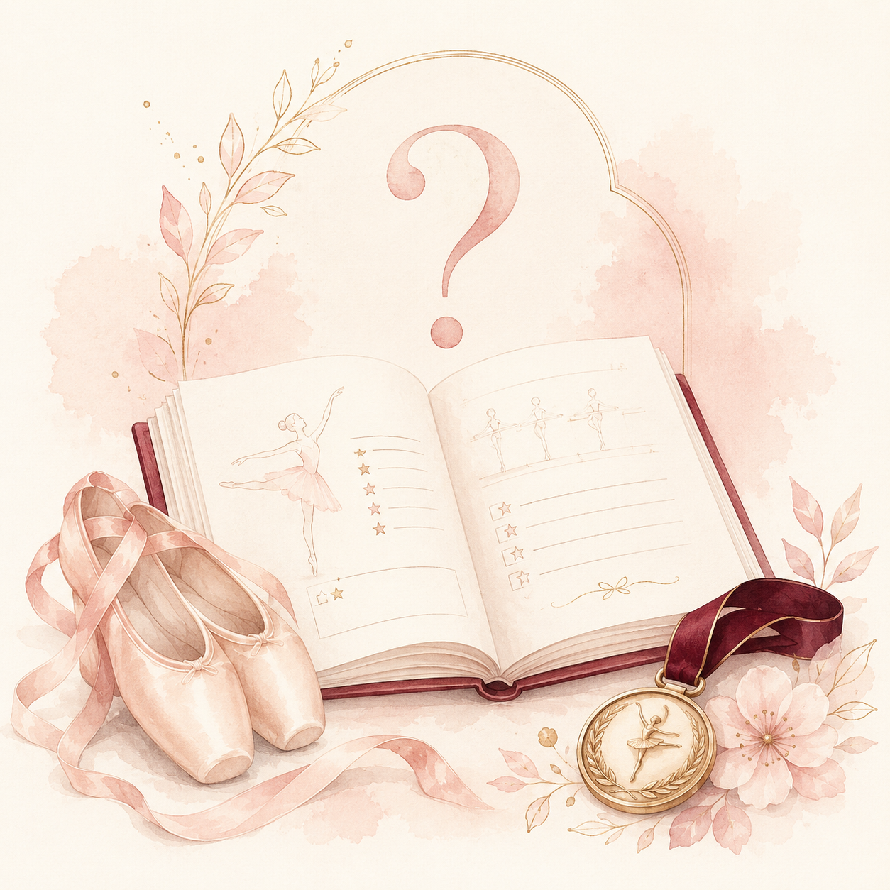 Ballet shoes, open notebook, and gold watch in soft pink watercolor with a question mark above