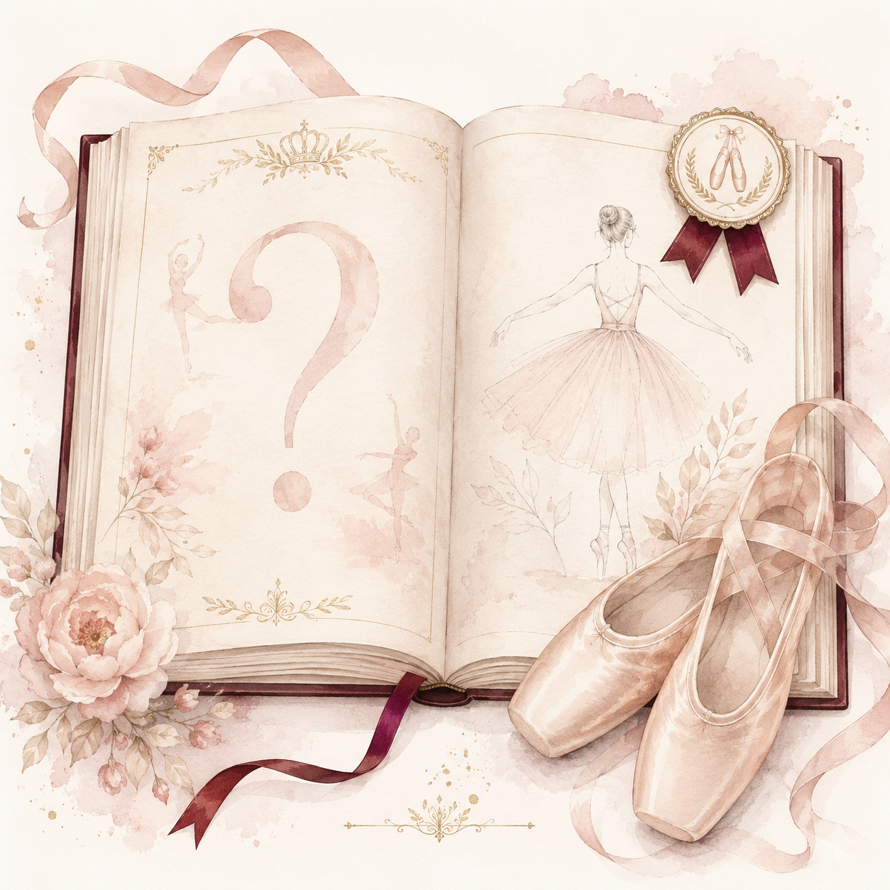Pastel wedding-themed open book with question mark, ballet slippers, rose, and ribbon accents