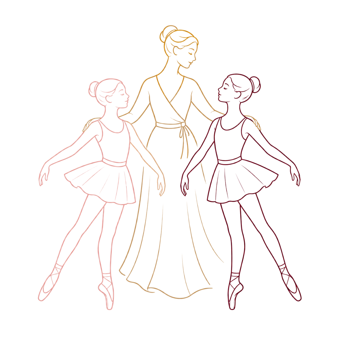 Three ballet dancers in pastel line art, two in pink and one in gold, posing in tutus and pointe shoes.