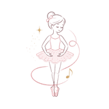 Line-art ballerina in a pink tutu, standing en pointe with a soft swirl and music note accents