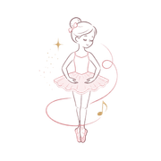 Pink line drawing of a ballet dancer in a tutu, standing en pointe with musical note accents