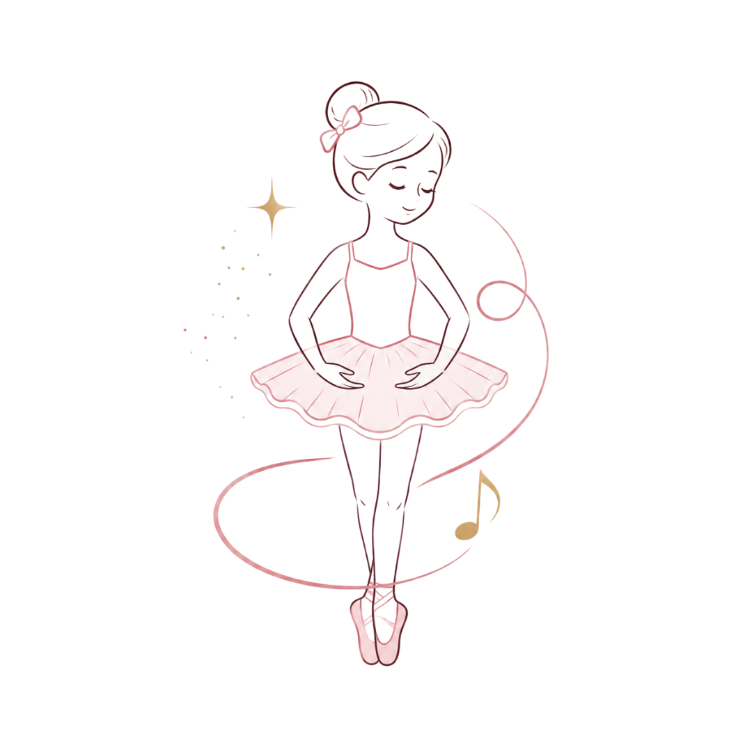 Line-art ballerina in a pink tutu, standing en pointe with a soft swirl and music note accents