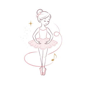 Pink line drawing of a ballet dancer in a tutu, standing en pointe with musical note accents