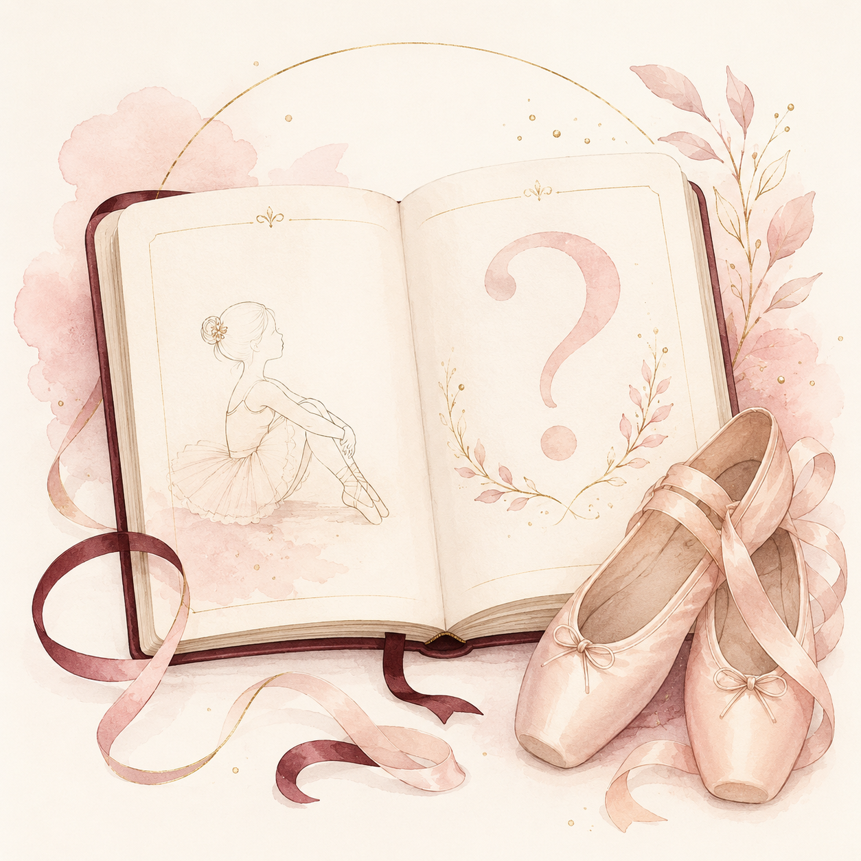 Open book with a sketch and question mark, pink ribbons, and ballet pointe shoes on a soft pastel background
