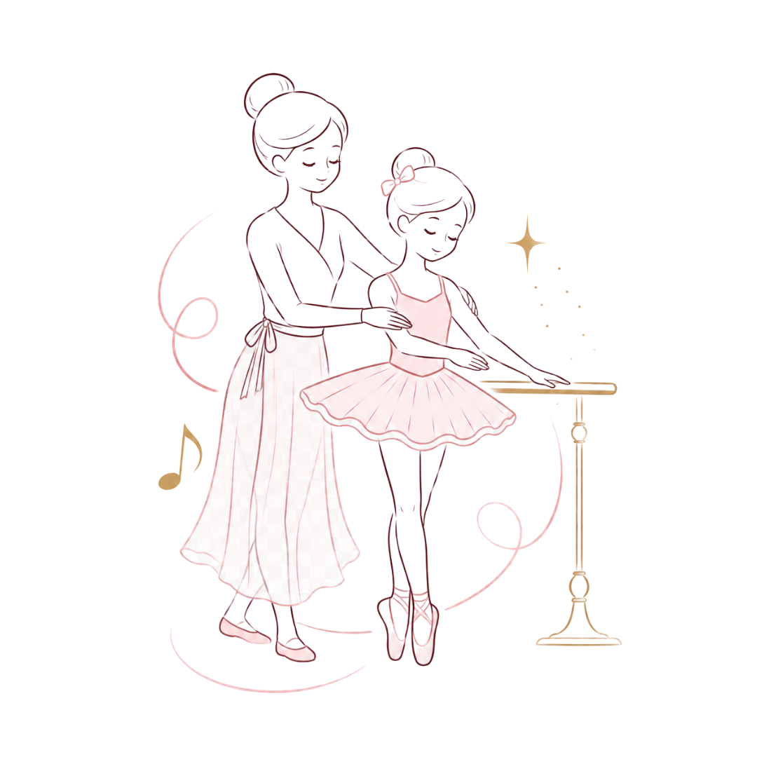 Ballet teacher assisting a young dancer at the barre, with soft pink accents and musical notes