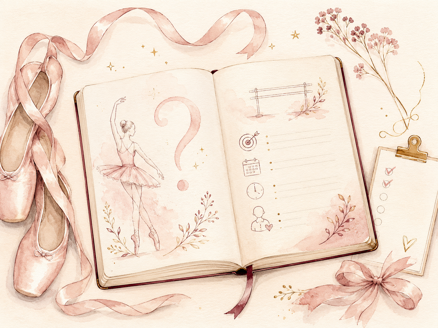 Soft pink journal with a ribbon, open to a question mark, surrounded by floral accents and dried flowers