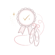 Minimal gold line-art award medal with checkmark and ribbon, beside a bouquet of flowers