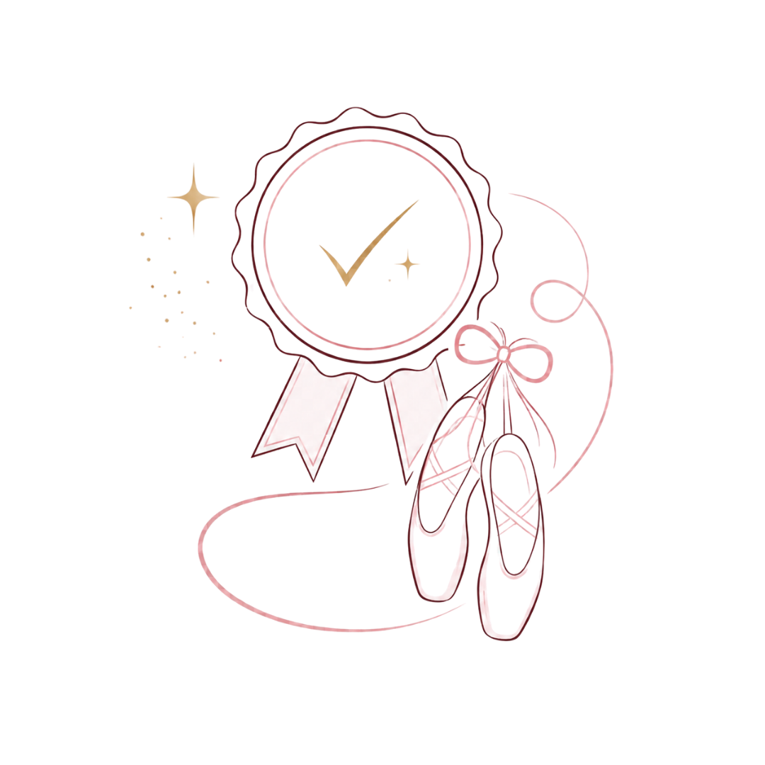 Minimal gold line-art award medal with checkmark and ribbon, beside a bouquet of flowers