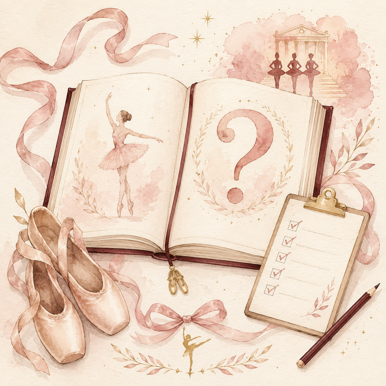 Pastel illustration of an open book with ballet shoes, a dancer silhouette, note card, ribbon, and pencil