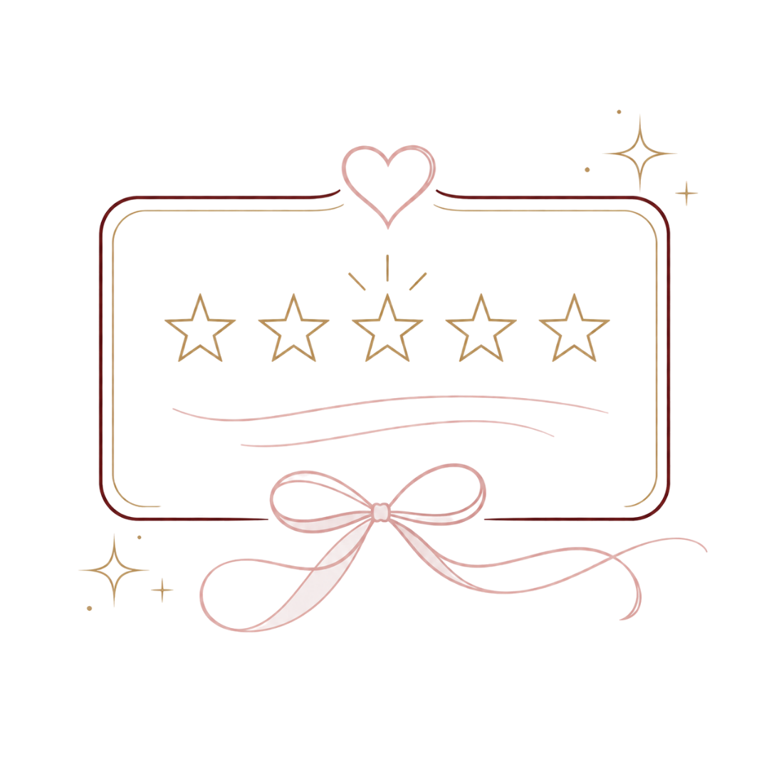 Elegant five-star rating card with gold stars, heart accents, and a pink ribbon on a white background