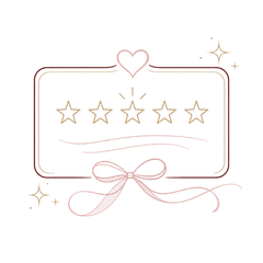 Elegant five-star rating card with gold stars, heart accents, and a pink ribbon on a white background