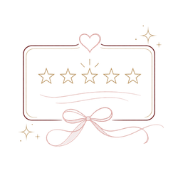 Elegant five-star rating card with gold stars, heart accents, and a pink ribbon on a white background