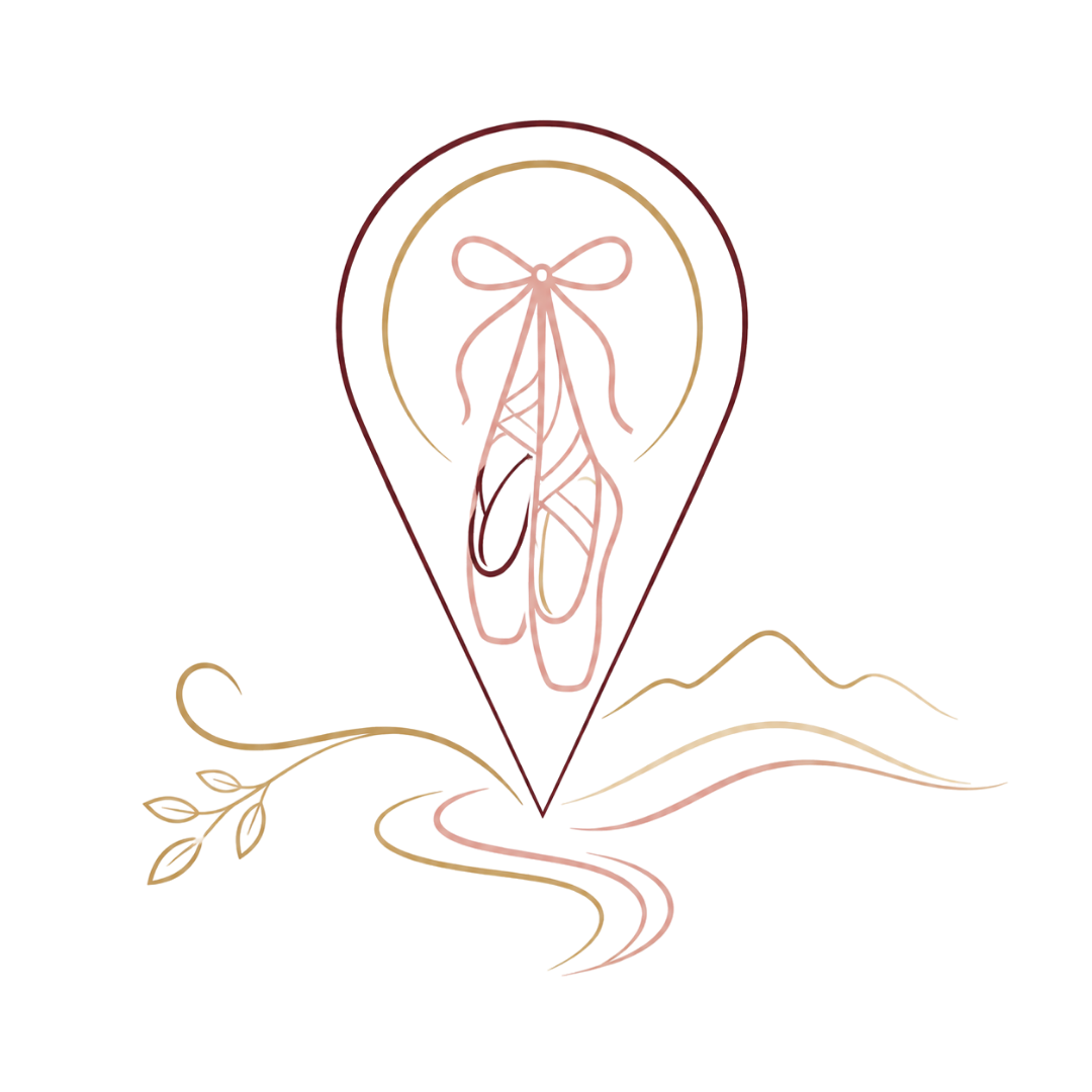 Elegant line-art logo of a ballet slipper inside a teardrop, with delicate gold floral swirls on white background