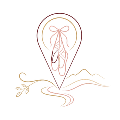 Elegant line-art logo of a ballet slipper inside a teardrop, with delicate gold floral swirls on white background