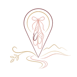 Elegant line-art logo of a ballet slipper inside a teardrop, with delicate gold floral swirls on white background