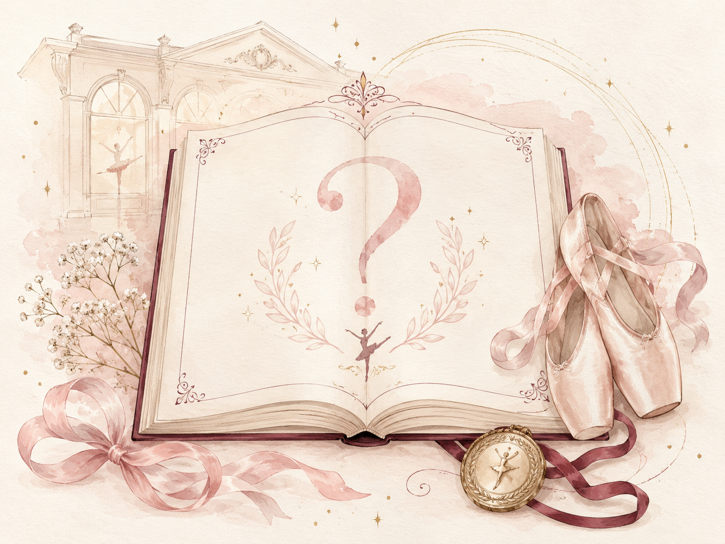 Open book with a question mark, ballet shoes, and pocket watch on a soft pink vintage background